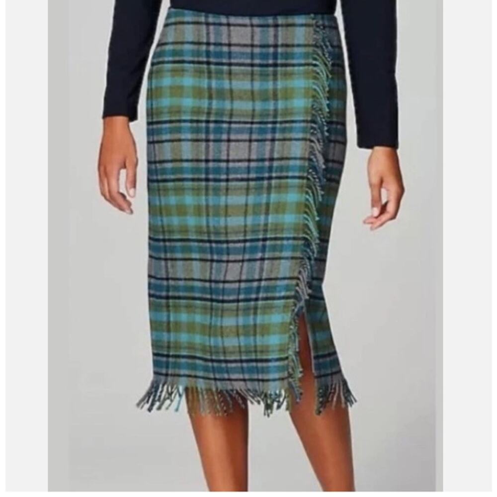 J Jill Faux Wrap Skirt Womens 6 Wool Blend Fringe Academia Preppy Classic Twee